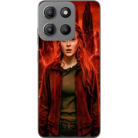 Kompatibelt Mobilskal till Motorola Moto G15 Power Porträtt av en ung kvinna med rött hår i en apokalyptisk landskap, röda blixtar och mörka klip