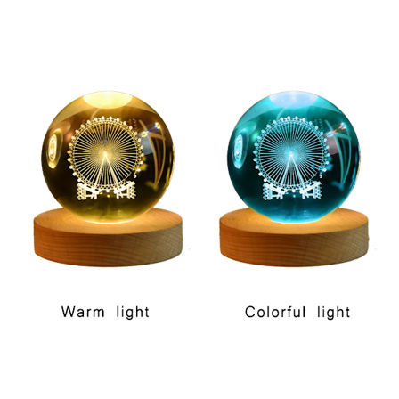 6cm 3D Krystal Kugle Farverig Lys Varmt Lys Planet Natlampe Lasergravering Solsystem Jorden Galakse Tegneserie Mønster Gave Warm light Ferris wheel