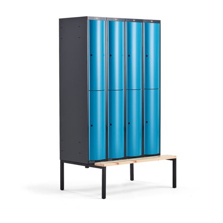 Kleiderspind CURVE mit Sitzbank, 4 Module/2 Türen, 2120 x 1200 x 550 mm, blau