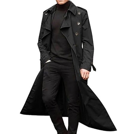 Mænd Lang Trench Coat Lapel Overcoat Jakke Sort