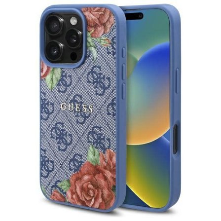 Guess 4G Flowers Print MagSafe-etui til iPhone 16 Pro Max - blå