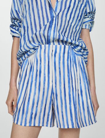 Mango Striped High-Waisted Shorts - Blue - S