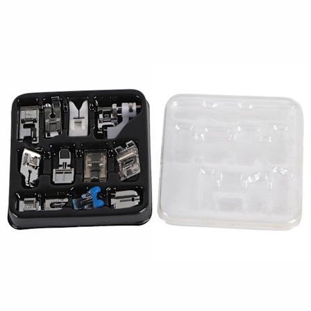 11 kpl ruostumattomasta teräksestä valmistettuja napsautettavia paininjalkoja koti- ja teollisuusompelukoneisiin värillisessä laatikossa