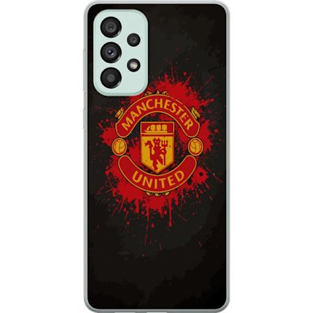Kompatibelt Mobildeksel til Samsung Samsung Galaxy A73 5G Manchester United logo i rød og gul farge med røff sportslig bakgrunn