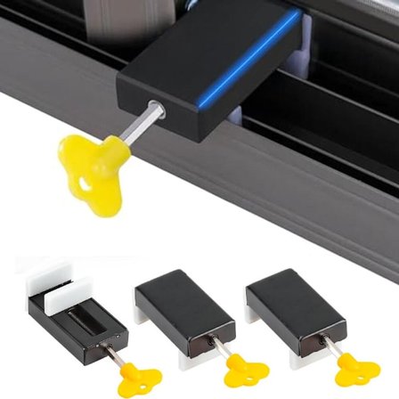 3x Vindueslås - Skydevindueslås med nøgle - Skyddørsblokering - Skyddørslås - Vindueslås - Sikkerhed - Vindue - Børnesikring - Skyde