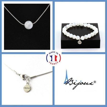 Stenar och mineraler. Armband Halsband Set 1 Selenitpärla från Marocko 8 mm. Kedja i anpassningsbar storlek.