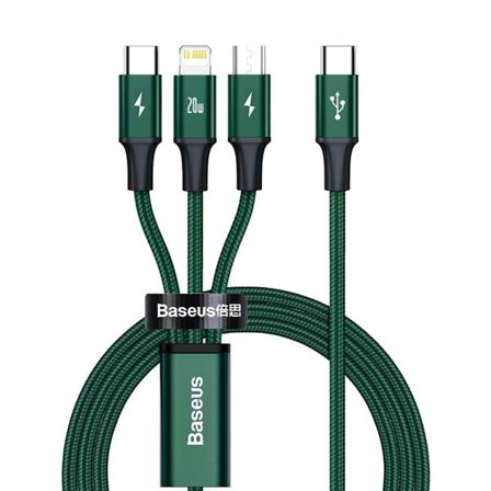 Baseus Rapid Series 3in1 USB-C - USB-C / Lightning / micro USB-kabel 20W PD 1,5m - grön