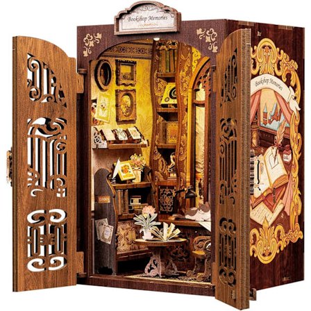 DIY Bokhjørne-sett - Miniatyr trehus med møbler og LED-lys - Bokhandelens minner