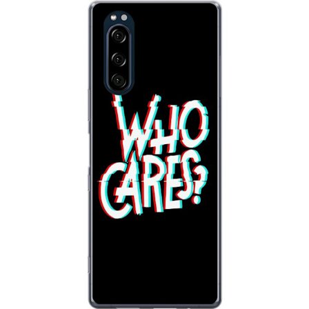 Kompatibel Mobilcover til Sony Xperia 5 Glitchtypografi med teksten "who cares" i rødt og cyan på en sort minimalistisk baggrund.
