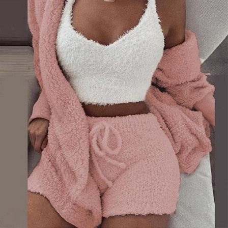 Dame 3-delt fleece fluffy kåpe + shorts + kort vest sett rosa
