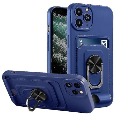 För Iphone 11 Pro Max 6,5 Tum Kortplats Dubbellager Skydd Hård PC + Mjuk TPU Skal Med Roterbar Ring Stativ - Blå