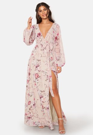 Goddiva Floral Long Sleeve Chiffon Maxi Dress Latte Klær