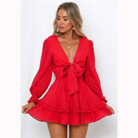 Elegant Pendlande V-ringad Klänning Sexig Söt Enfärgad Volang Av