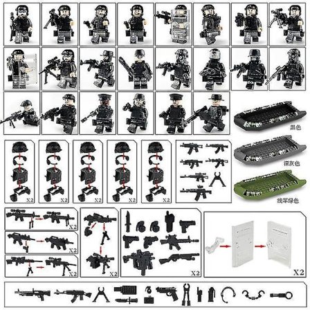 City Special Police Gassmaske Automatgevær Militær Daggert Gummibåt Innlegg Byggeklosser 25 stk