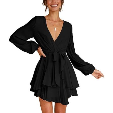 Kvinners Casual Kjole Dyp V-hals Lang Ermet Slips i Midjen Ruffle Swing