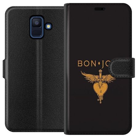 Kompatibelt Plånboksfodral till Samsung Galaxy A6 (2018) Ikonisk musikillustration med bevingat hjärta och dolk i guldtoner på mörk bakgrund, kraf