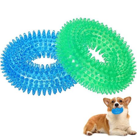 2 stk. hundelegetøj med pivefunktion - runde ringe - tandrensende legetøj til hvalpe - piggede tyggelegetøj til små og mellemstore hunde