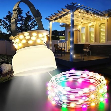 Campinglampe solcellelampe med 5 m lyskæde, genopladelig, vandtæt IP65 til telt og udendørs brug_OF