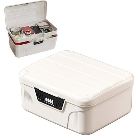 2-lags medicinopbevaringsboks, låsbar medicinboks med kode, aftagelig bakke, førstehjælps-nødkombinationslås, medicinsk opbevaring (hvid)