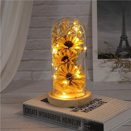 Fortryllende blomsterlampe, kunstig solsikke i glasskuppel, LED-lampe