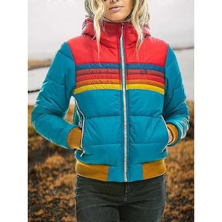 Dam Regnbåge Dragkedja Vinter Dun Ledig Randig Huvförsedd Pufferjacka