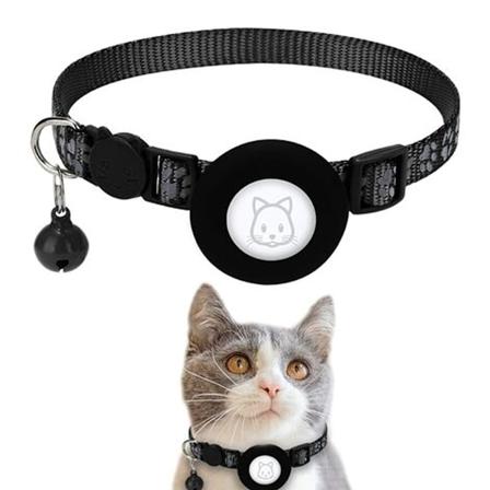 Airtag Apple Air Tag Kattkrage med Säkerhetsspänne och Klocka, 1cm Bred Reflexkrage för Katt med Airtag Hållare för Katter, Valpar, Kattungar (Svart)