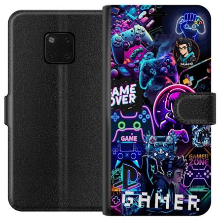 Yhteensopiva Lompakkokotelo Huawei Mate 20 Pro Neon Gamer Collage konsolit, kuulokkeet ja pelivibat kanssa