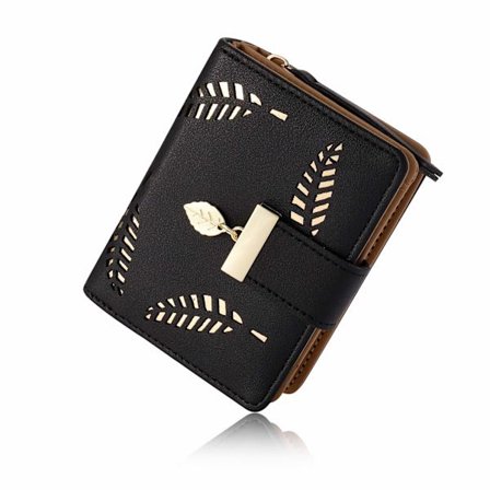 Dame lommebok, liten dame bifold skinnpung med kontanter ID kredittkortholder, hul blad dame veganske myntpunger pengevesker (svart)