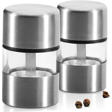 2x Mini salt- og pepperkvern i rustfritt stål med keramisk slip