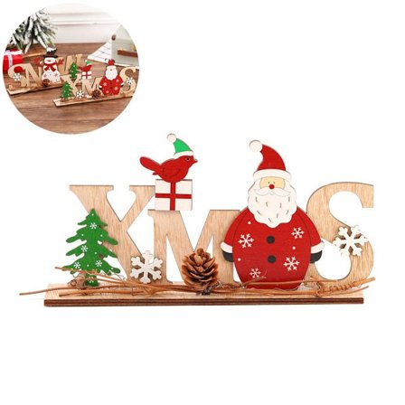 Juledekorasjon i tre med bokstaver, julenissen, snømann KLB