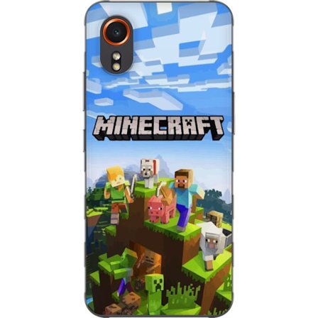 Kompatibel Mobilcover til Samsung Galaxy Xcover7 Minecraft eventyrklippe med Steve, Alex, dyr og mobs i klassisk blokstil, hvor hele verden samler sig