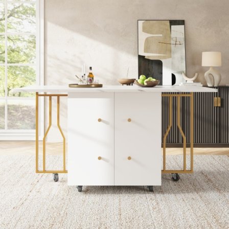 Bärbart hopfällbart bord med marmoroptik – multifunktionellt matbord med gyllene ben & hjul