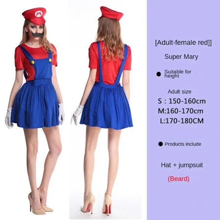 Super Mario Kostyme for Barn og Voksne - Halloween Cosplay Klær Kompatible med Mario[JUN] Mario rød damekostyme for voksne-FA- Mario voksen dame re...