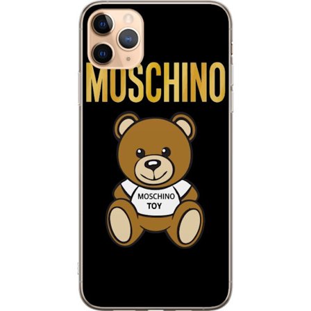 Kompatibelt Mobilskal till Apple Apple iPhone 11 Pro Max Moschino-inspirerad nallebjörn med text på tröjan, centrerad mot svart bakgrund med tydlig