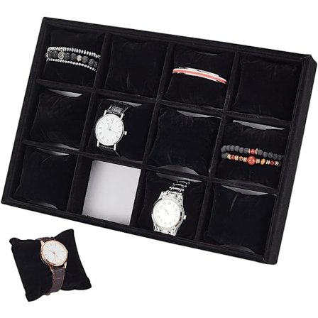 12 fack sammetsklockbricka, klockförvaringslåda med kudde, klockdisplayfodral, smyckesbricka, stapelbar klocklåda för män