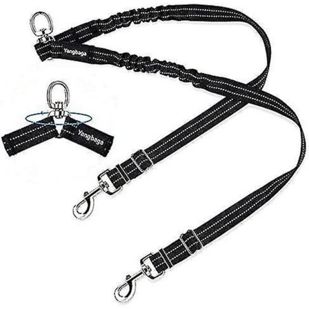 Dobbelt koppel, justerbart og 360° roterende, hundekoppel for 2 hunder, reflekterende elastisk koppel, for små, mellomstore og store hunder