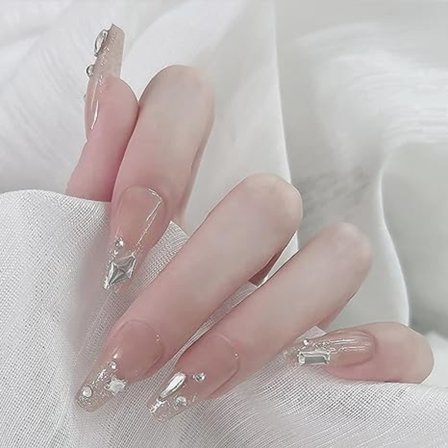 Långa kistformade falska naglar 3D strass söta tryck på nagelspetsar franska falska naglar akryl full täckning klistra på naglar för kvinnor och 