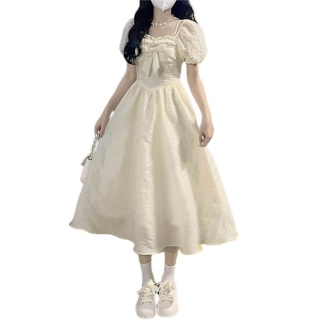 NY Dam Sommarklänning Mjuk Vind Kan Vara Söt Men Salt Första Kärlek Midja Bubbelärm Kvadratisk Hals KlänningTEN(Aprikos M)