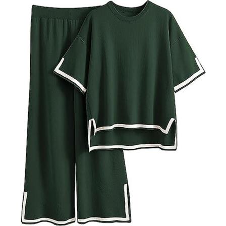 Fashion Kostym Färgkontrast Split Kortärmad Stickad + Högmidjade Slankande Vida Byxor Tvådelad Set green S