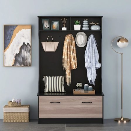 Hallmöbel 3-i-1 med klädhängare, bänk och skåp - Svart