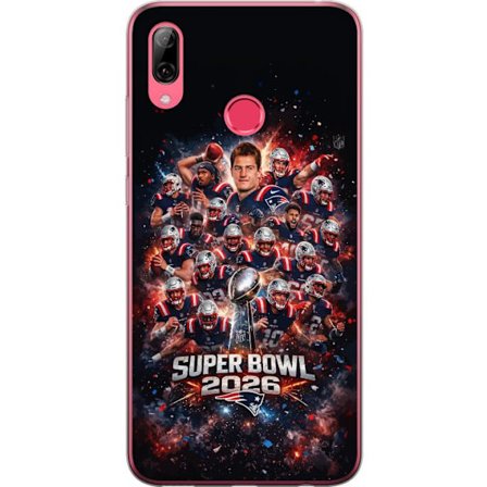 Yhteensopiva Puhelinkuori Huawei Y7 (2019) Super Bowl 2026 juliste, jossa New England Patriots ja NFL-mestaruuspalkinto räjähtävän urheilullisessa suu