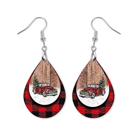 Røde Lastbil Dråbeøreringe - Buffalo Plaid Juletræs Lastbil Øreringe