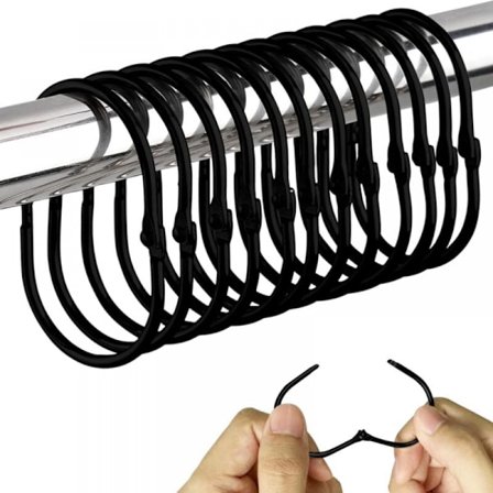 (Svart) 12 st rostfria duschdraperiringar i metall, ovala gardinkrokar