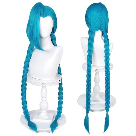 Lang Blå Flettet Paryk Til Jinx Cosplay Paryk Med Pandelok Anime Spil Hårparyk Med Fletninger Pigtails Til Kvinder Piger Inkluderer Hætte (43'-blå)