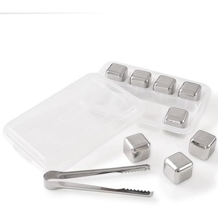 Sett med 8 gjenbrukbare rustfrie stålisbiter med hodeklips og isterningbrett