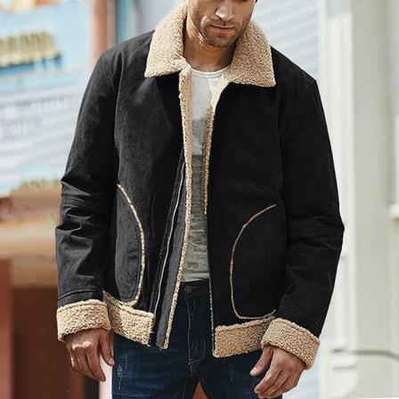 Män Dragkedja Lapel Neck Fuzzy Fleece Ytterkläder Långärmad Jacka