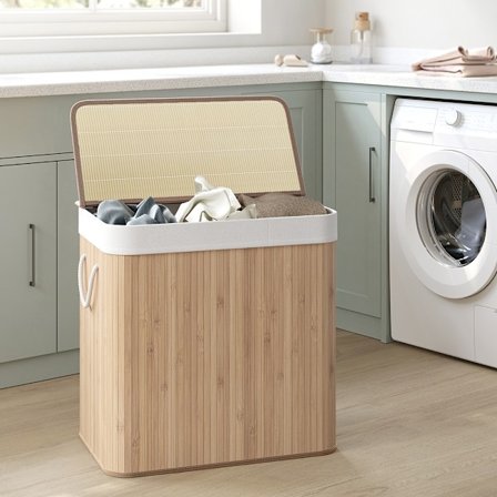 Stor vasketøjskurv i bambus med låg og tre rum - 150 liter