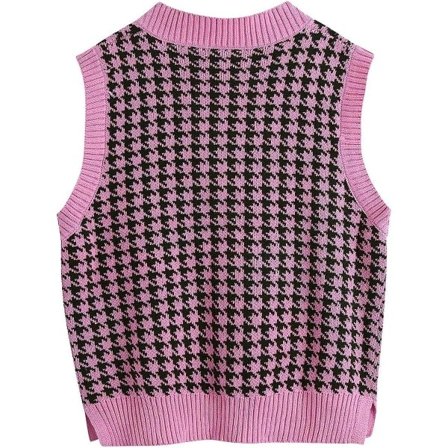 IC Kvinnor Houndstooth Mönster Stickad Tröja Väst Ärmlös Lös