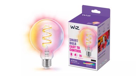 WiZ Klar 40W G95 E27 RGB Lyspære Filament, Smart LED-belysning, Farget og hvitt lys, Gjennomsiktig, Wi-Fi