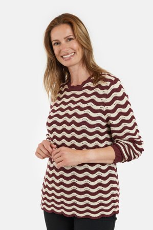 SIGNATURE - Langærmet Strik - Bordeaux / Beige - Stribet